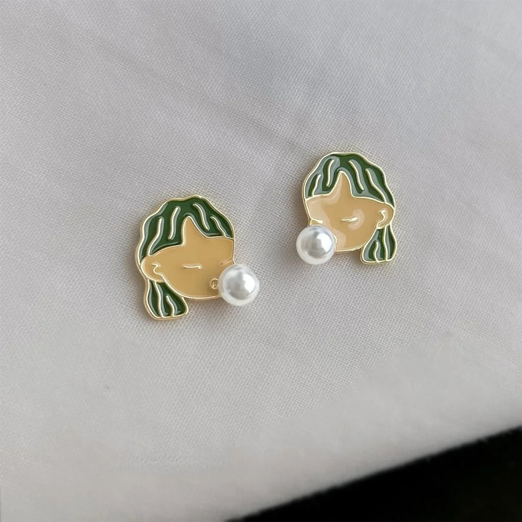 14K Plated Copper Enamel Bubble Girl Stud Earrings With Pearl Trendy Cartoon Design