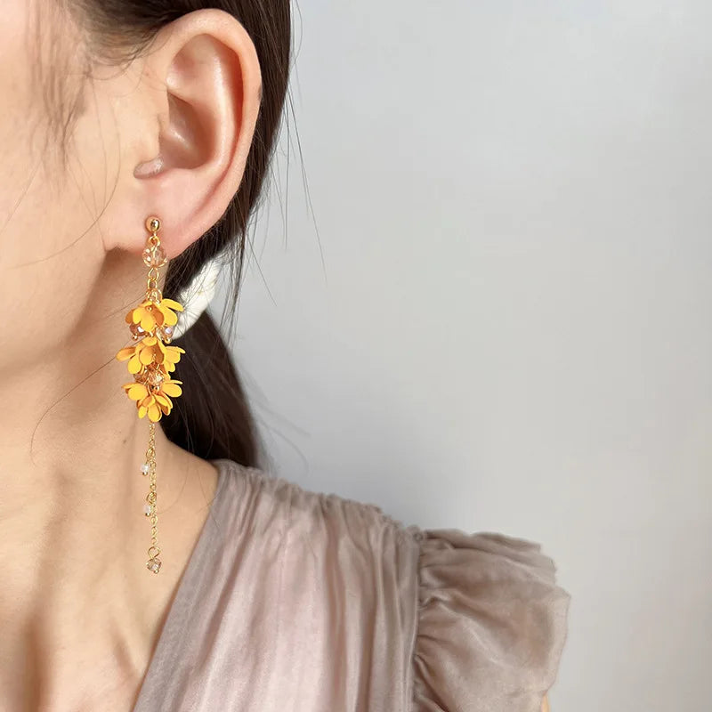 Elegant Yellow Osmanthus Flower Tassel Alloy Crystal Pearl Stud & Clip On No Piercing Earrings