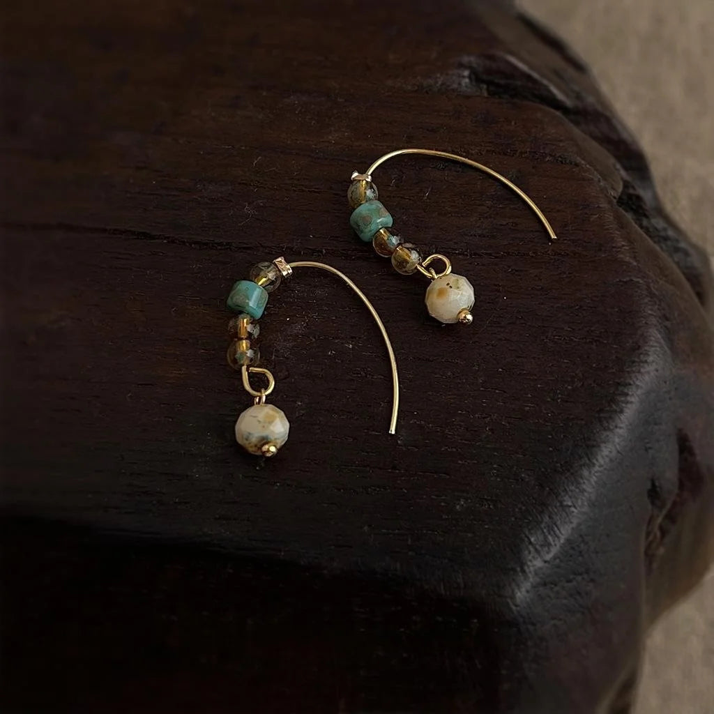 Vintage Liuli Glass Geometric Drop Earrings For Women, Round Square Minimal Commuter Jewelry