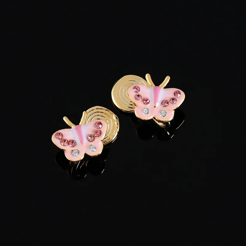 Sweet Pink Enamel Butterfly Rhinestone Spiral Disc Stud & Clip On No Piercing Earrings