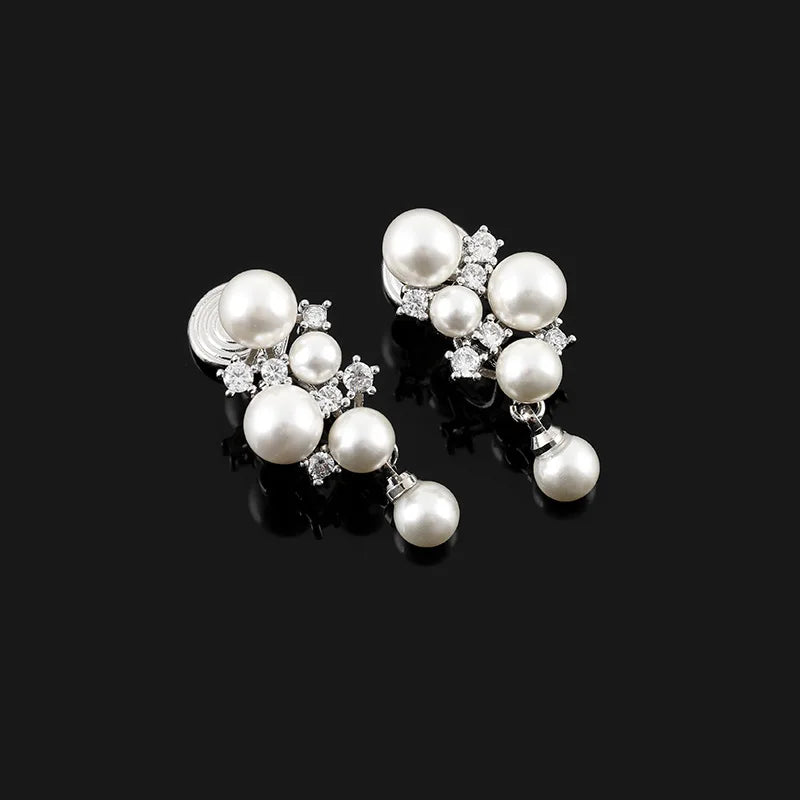 Luxury Vintage Grape Cluster Pearl Rhinestone Alloy Stud & Clip On No Piercing Drop Earrings