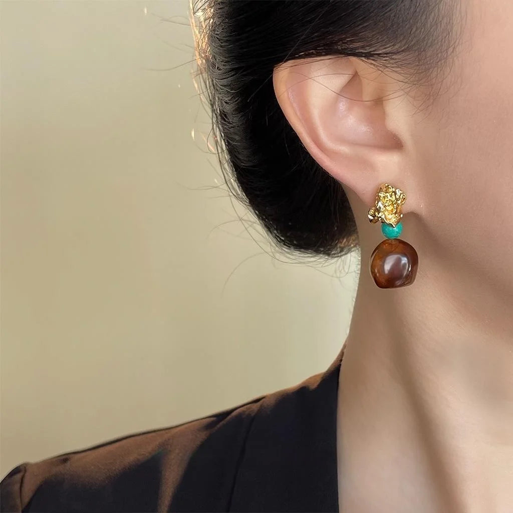 Vintage Maillard Hong Kong Style Synthetic Turquoise Resin Irregular Geometric Drop Earrings