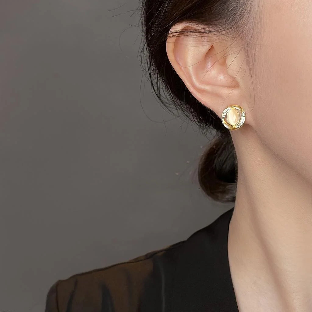 Minimalist Geometric Glass Cat Eye Zircon Micro Pave 14K Gold Plated Stud Earrings