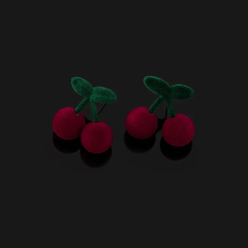 Sweet Flocked Cherry Fruit Stud & Clip On No Piercing Cute Winter Velvet Drop Earrings