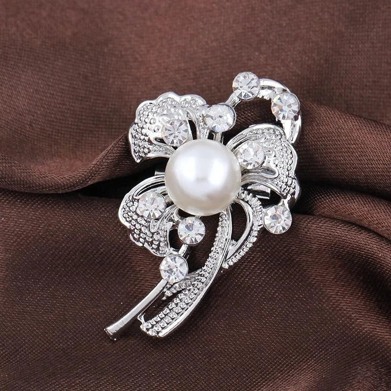 Elegant Rhinestone Flower Brooch With Faux Pearl Center, Silver Tone Corsage Lapel Pin Suit Accessory