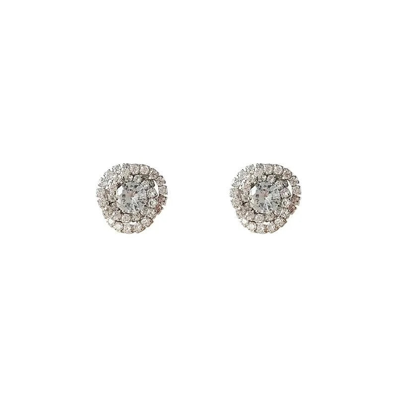 Light Luxury Copper Micro Pave Zircon Round Geometric Stud Earrings With Multi Layer 3D Line Design