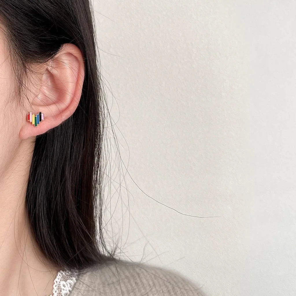 14K Gold Plated Copper Rainbow Heart Stud Earrings Sweet Mini Enamel Spring Jewelry