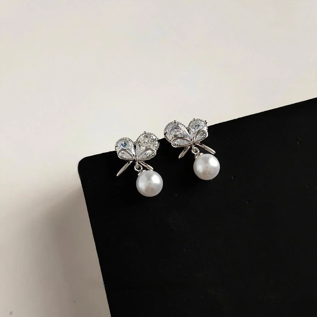 Silver Plated Copper Zircon Heart Bow Pearl Stud Earrings For Women Elegant Jewelry