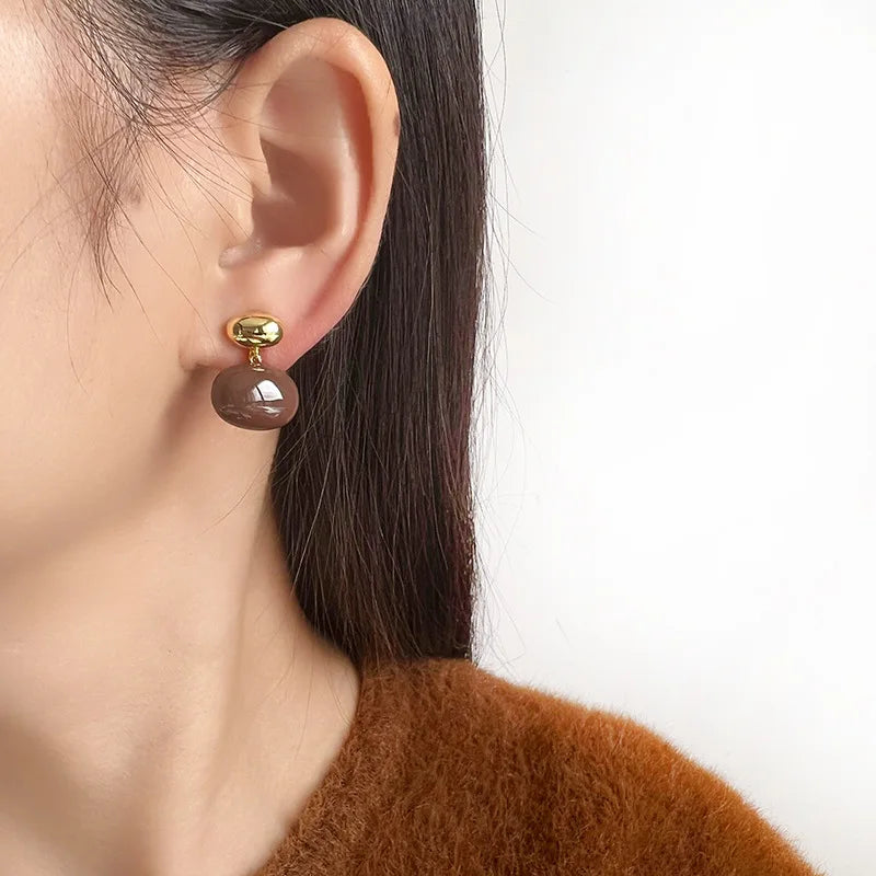 Elegant Gold Alloy Spiral Disk Coffee Enamel Bean Stud & Clip On No Piercing Drop Earrings