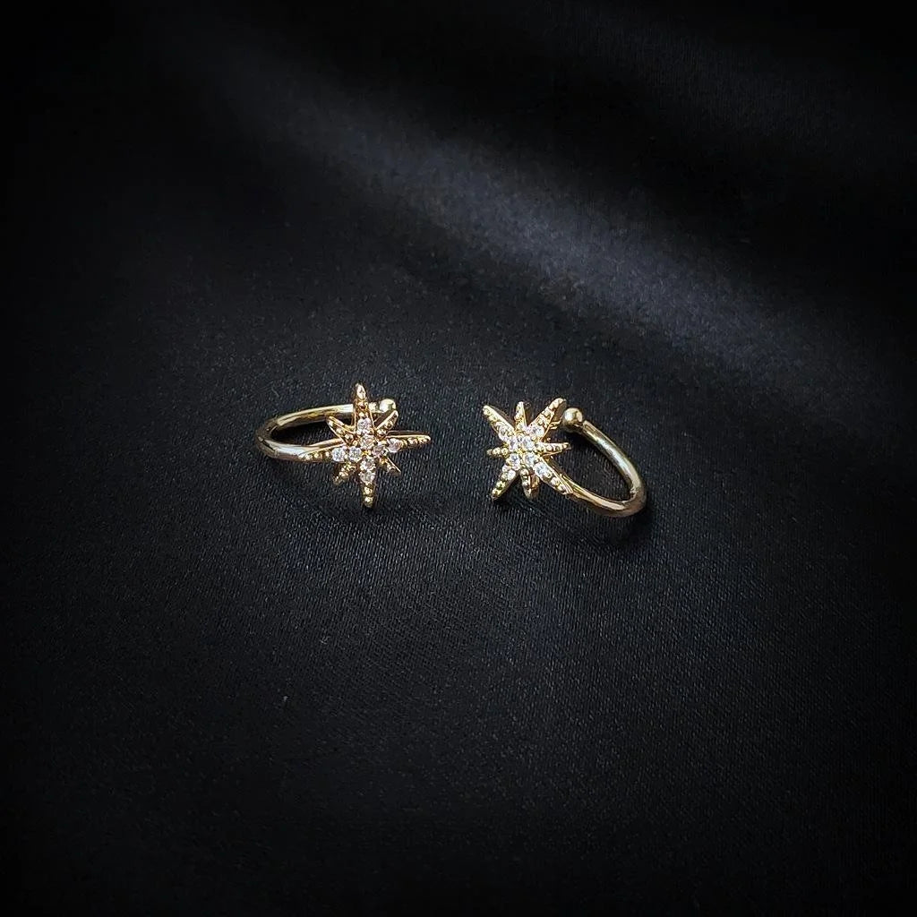 14K Gold Plated Zircon Six-Point Star Clip-On Drop Earrings Korean Minimalist Ear Cuff Jewelry