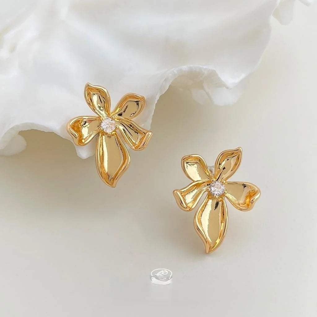 Original Design 18K Gold Plated Zircon Flower Ribbon Drop Earrings
