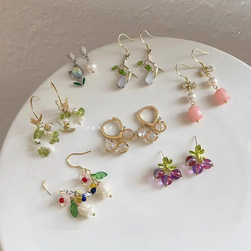 Handmade Forest Style Green Resin Bamboo Leaf Flower Geometric Drop Earrings For Women