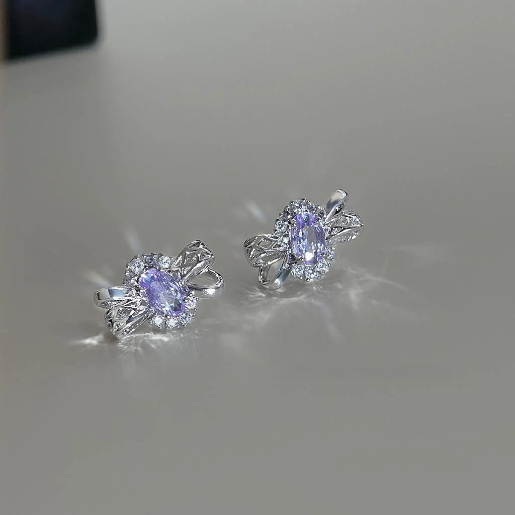 Light Luxury Purple Zircon Hollow 3D Bow Geometric Copper Stud Earrings