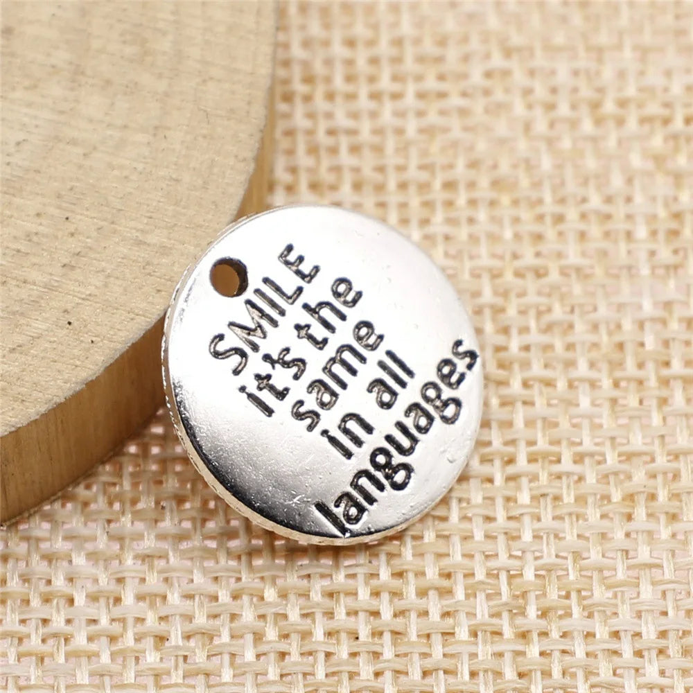 20mm 1.8g Zinc Alloy Smile Is The Same In All Languages Round Letter Charm Pendant for DIY Jewelry Making