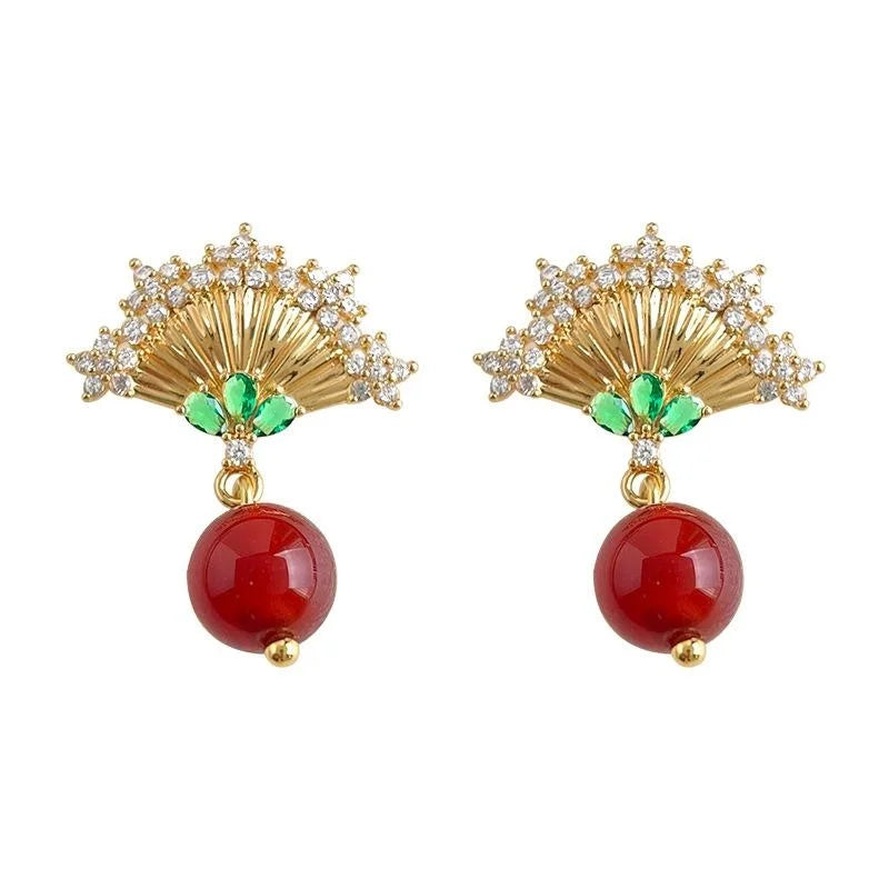 Original Chinese Style Micro Pave Zircon Fan Red Agate Ethnic Drop Earrings