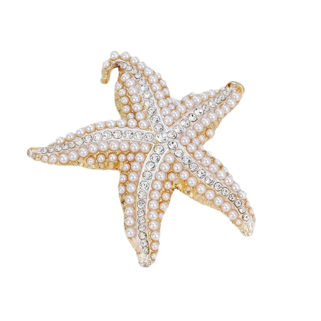 Luxury Starfish Brooch With Pearls And Rhinestones, Gold Alloy Lapel Pin Corsage Suit Accessory Gift