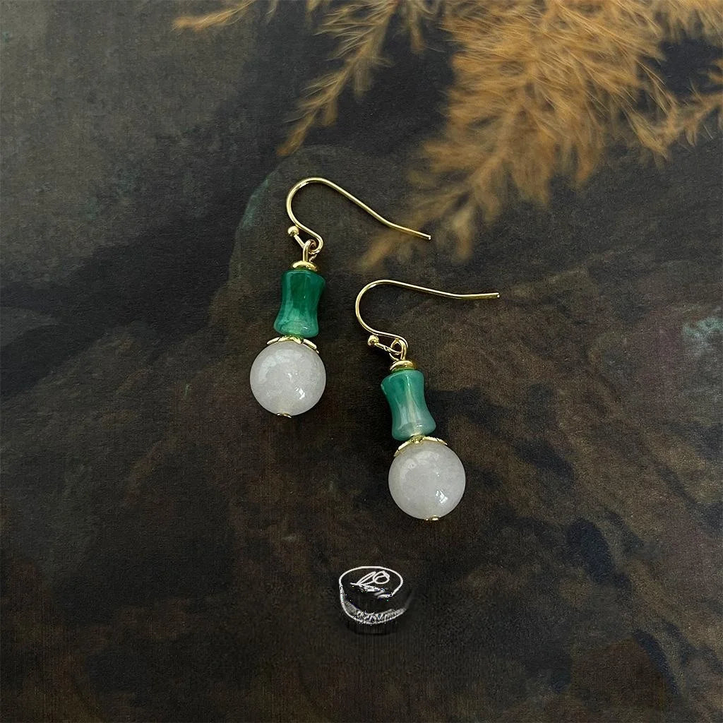 New Chinese Style Bamboo Segment Natural Stone Resin Round Geometric Drop Earrings