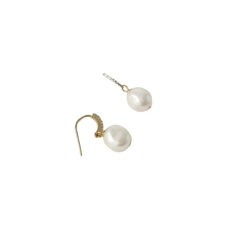 Vintage 14K Gold Plated Natural Freshwater Baroque Pearl Drop Earrings Handmade Geometric Jewelry
