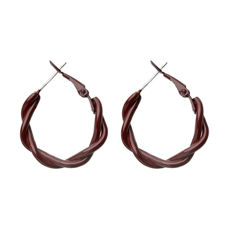 French Vintage Burgundy Enamel Twisted Copper Hoop Earrings Geometric Round Jewelry