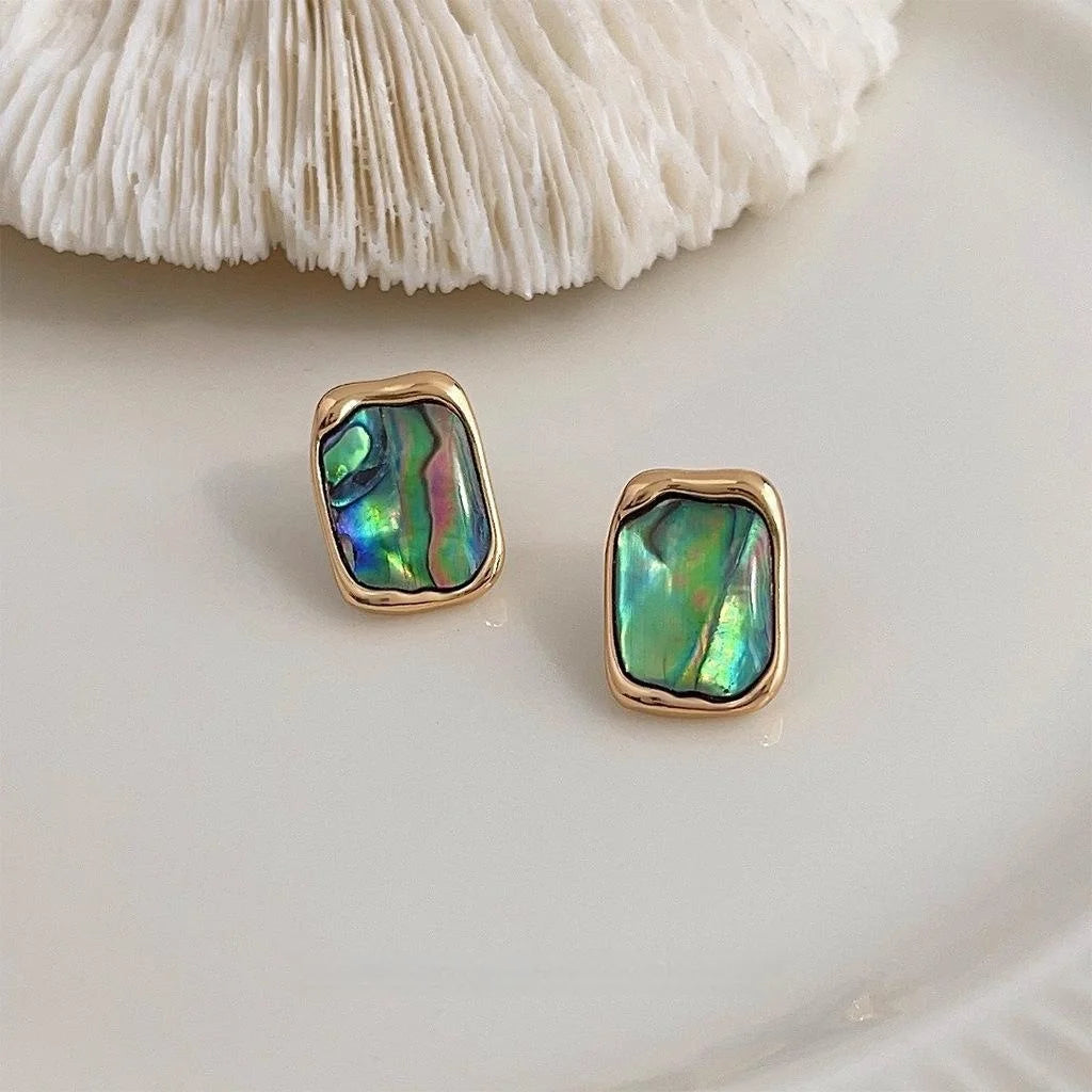 French Vintage 14K Gold Plated Copper Abalone Shell Rectangle Geometric Stud Earrings