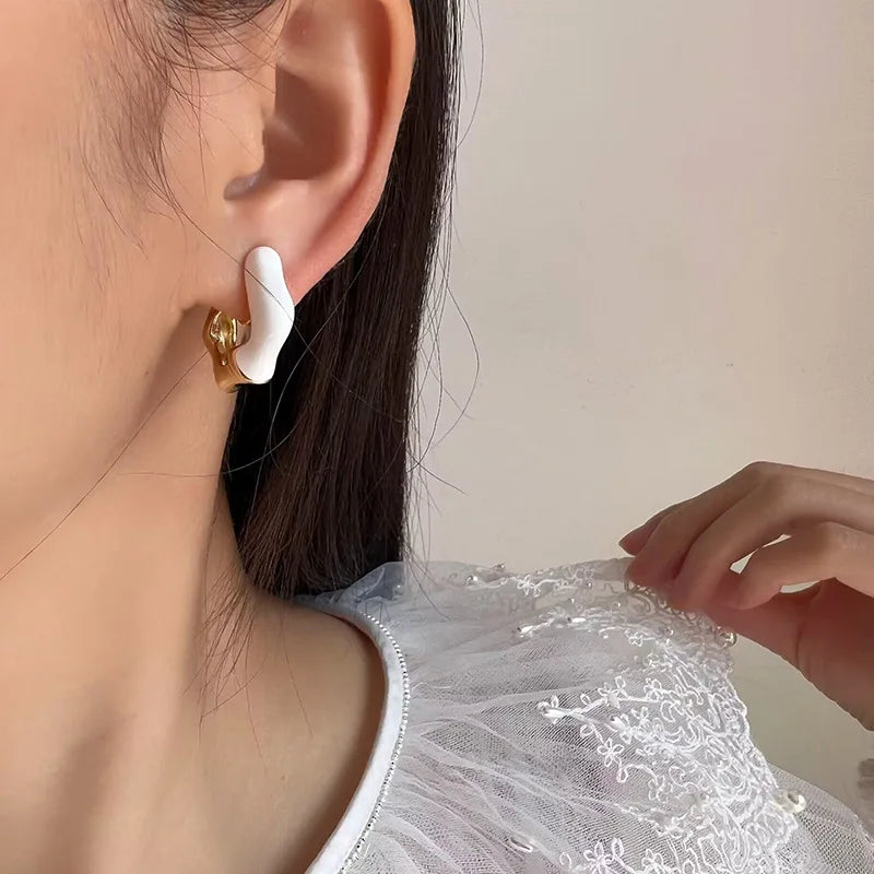 Luxury Geometric Coil White Enamel Alloy Stud & Clip On No Piercing Ear Cuff Hoop Earrings