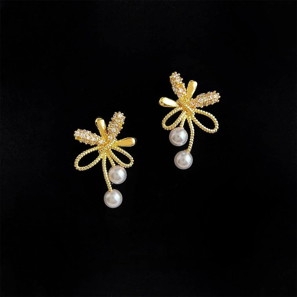 14K Plated Copper Firework Bow Stud Earrings With Pearl Zircon Micro Pave Elegant Office Jewelry
