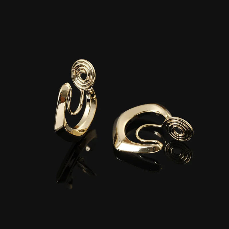 Vintage Gold Alloy Spiral Coil Geometric Hoop Stud & Clip On No Piercing Minimalist U Shape Earrings