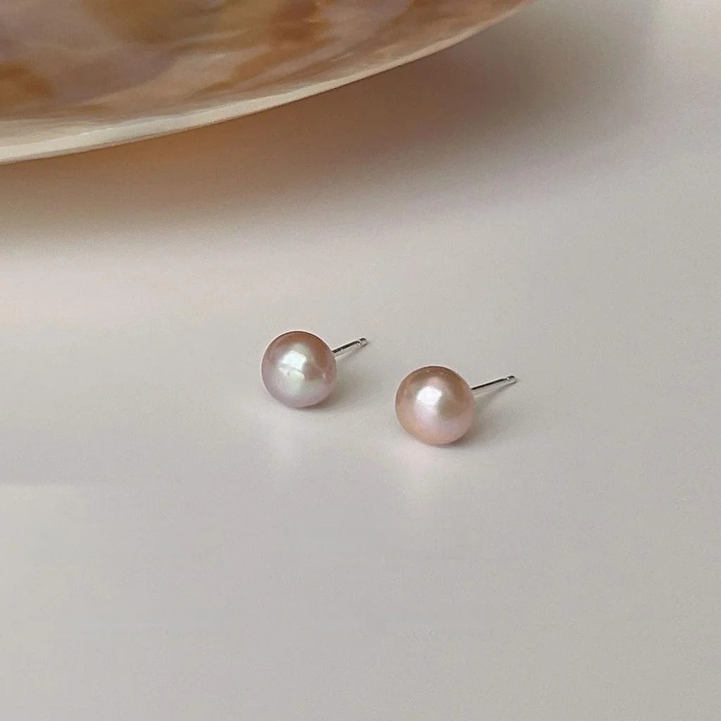 Purple Pink Freshwater Pearl Stud Earrings Silver Plated Geometric Minimalist Korean Japanese Style