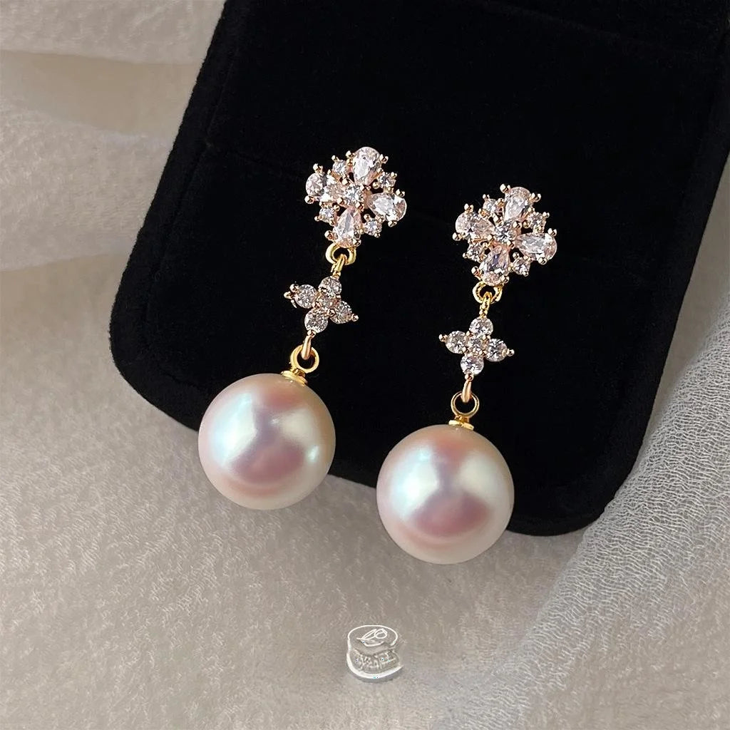 14K Plated Copper Pearl Drop Earrings With Micro Pave Zircon Floral Petal Luxury Design