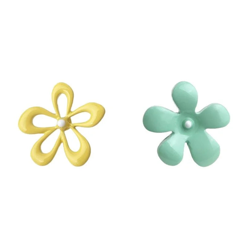 Candy Color Enamel Copper Hollow Flower Asymmetric AB Stud Earrings Sweet Fashion Jewelry