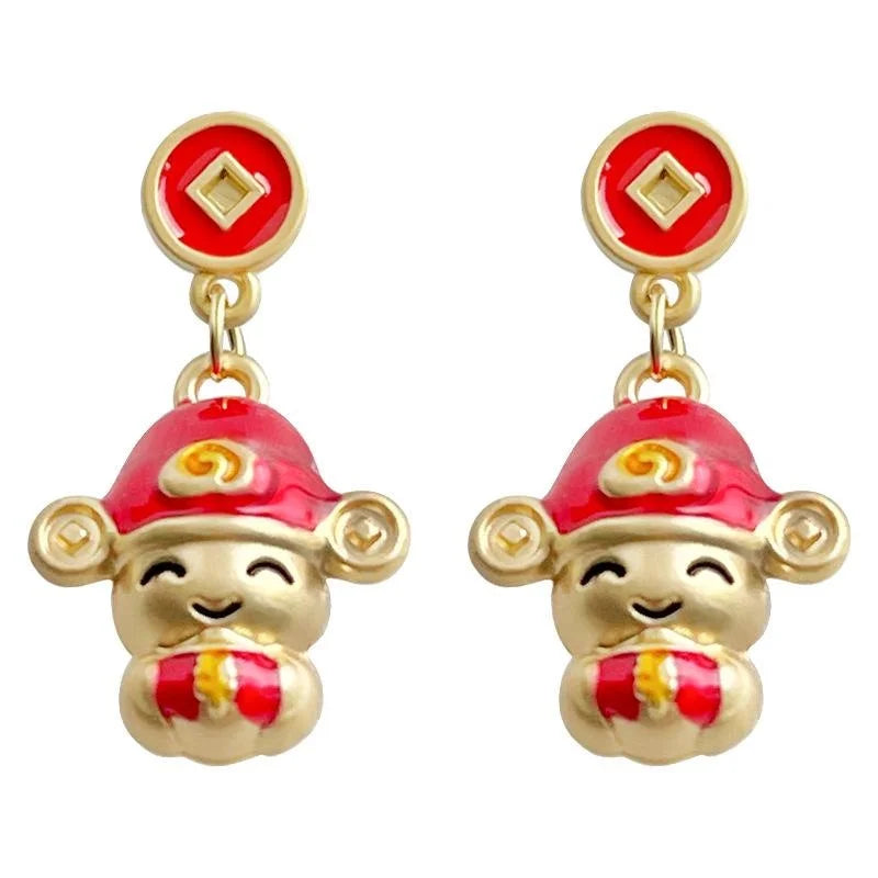 New Chinese Red Copper Snake Year Lucky Knot Geometric Drop Earrings