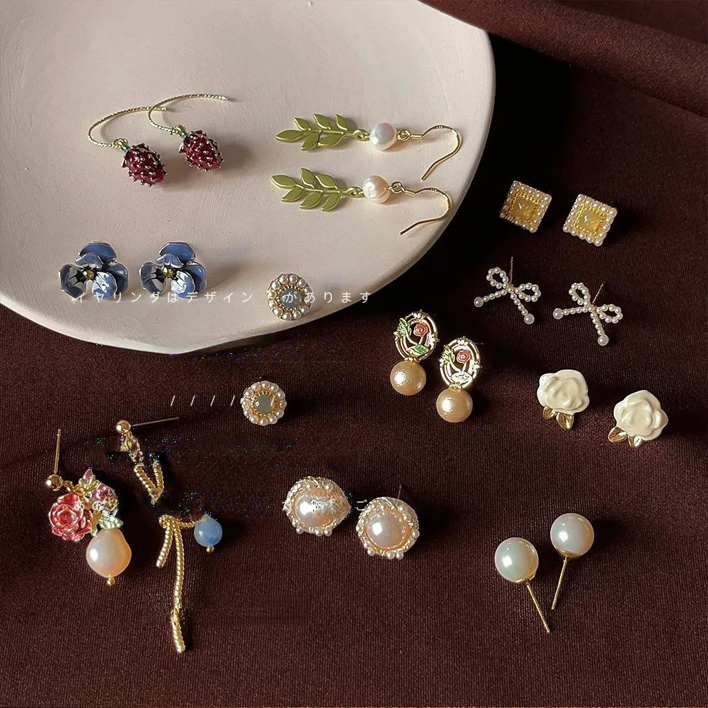 French Vintage 14K Plated Copper Enamel Flower Geometric Stud Earrings With Silver Plated Pins