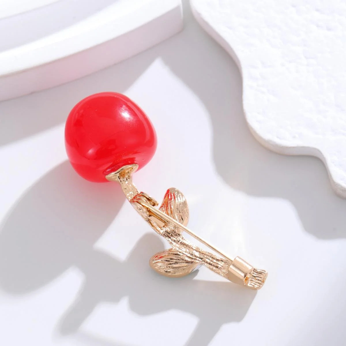 Cute Red Cherry Alloy Brooch With Green Rhinestone Leaves, Elegant Fruit Lapel Pin Gift For Women