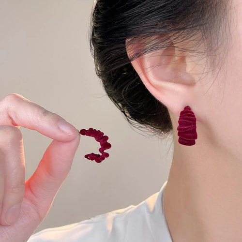 2025 Winter Flocked Geometric Hoop Drop Earrings, Hong Kong Retro Textured Style