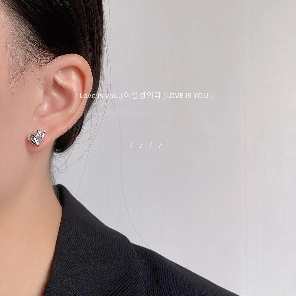 Mini Heart Zircon Stud Earrings With Copper Setting Elegant Casual Style
