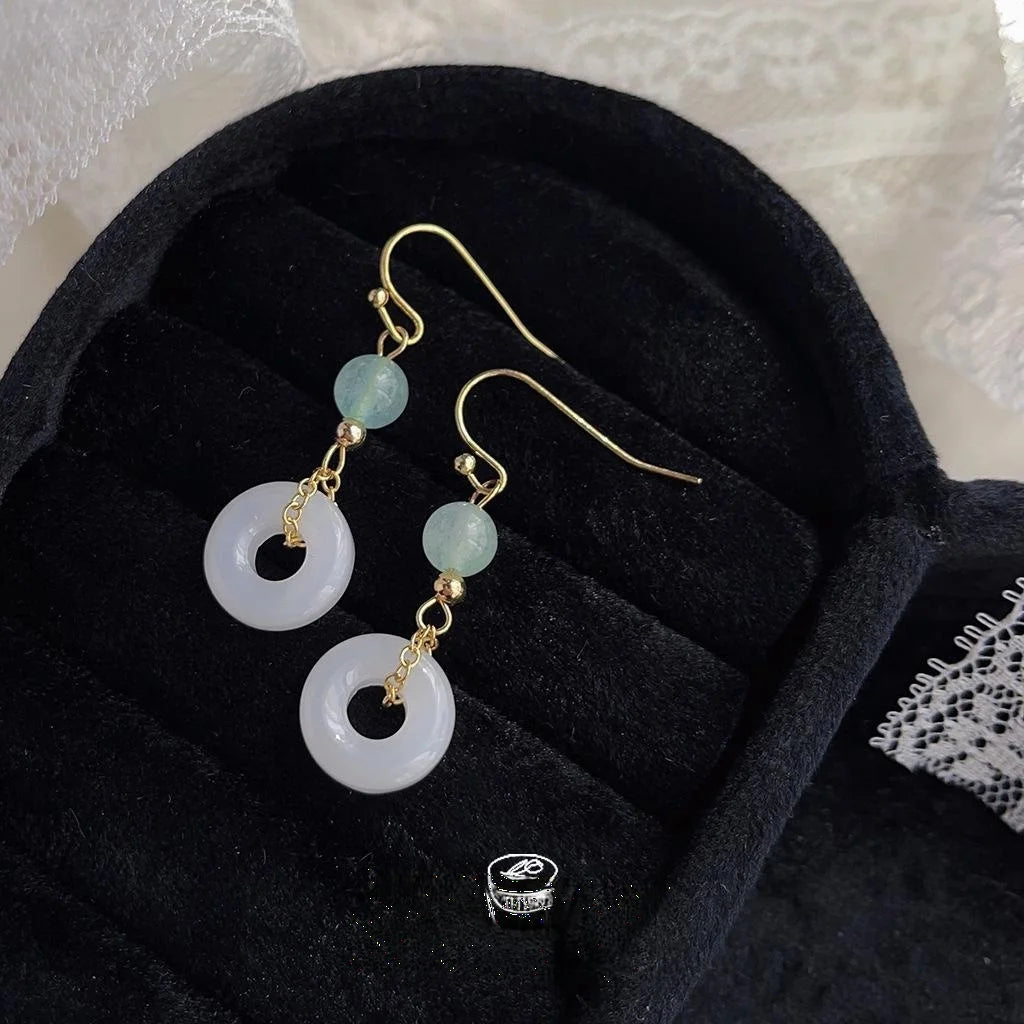 14K Plated Copper Glass White Jade Round Drop Earrings New Chinese Elegant Handmade Jewelry
