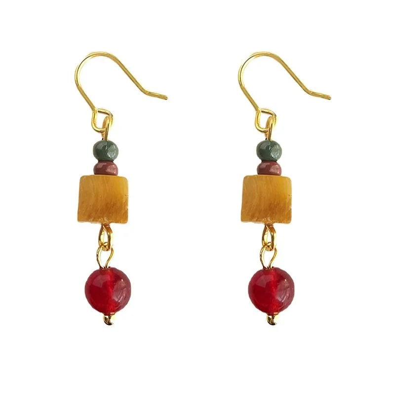 Handmade Natural Stone Tiger Eye Red Agate Geometric Vintage Ethnic Drop Earrings