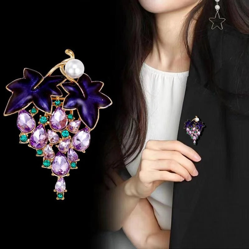 Elegant Alloy Enamel Grape Brooch With Purple Rhinestones And Pearl, Women's Lapel Pin Suit Corsage Gift
