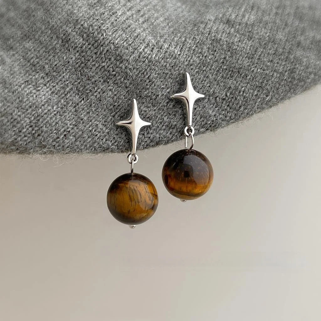 Maillard Style Natural Tiger Eye Copper Eight Point Star Tassel Drop Earrings