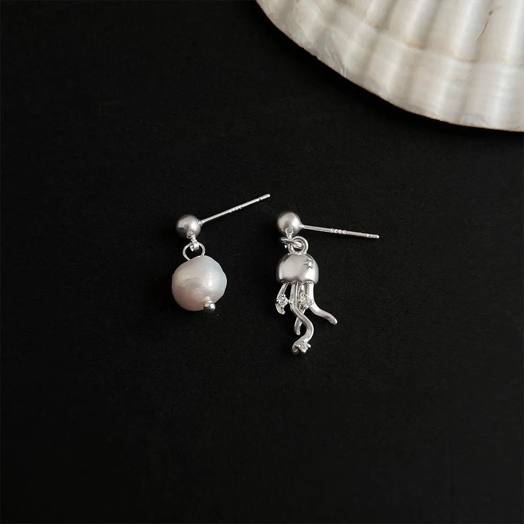 Asymmetric Baroque Freshwater Pearl Jellyfish Drop Earrings With Silver Plated Pins