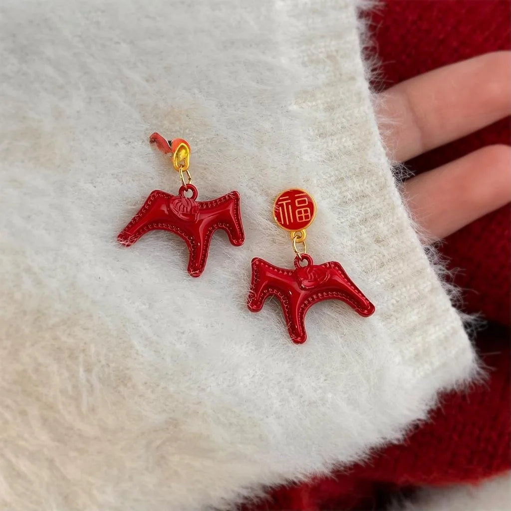 Lucky Horse Chinese New Year Copper Enamel Drop Earrings