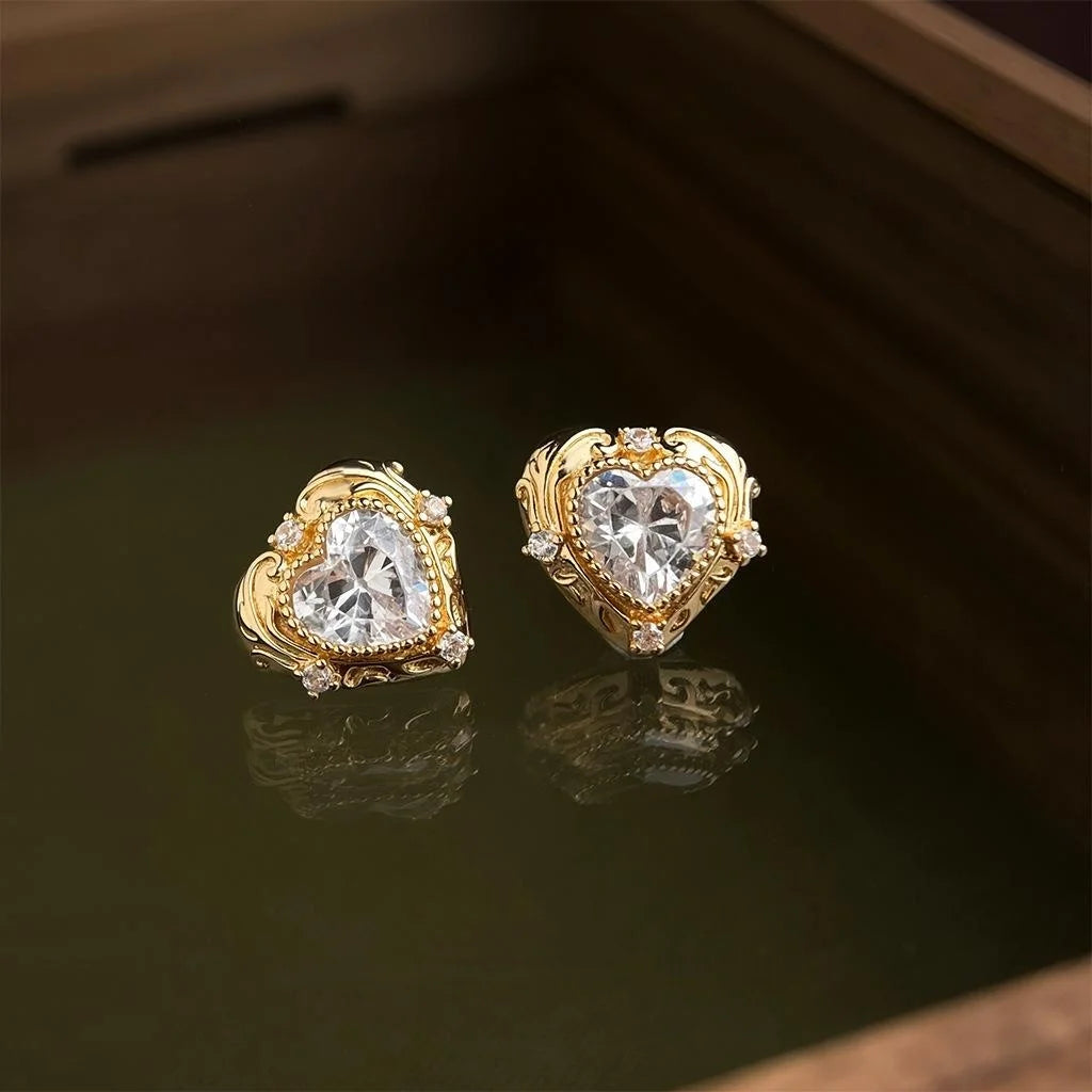 14K Plated Copper Heart Zircon Lace Edge Stud Earrings Elegant Office Jewelry