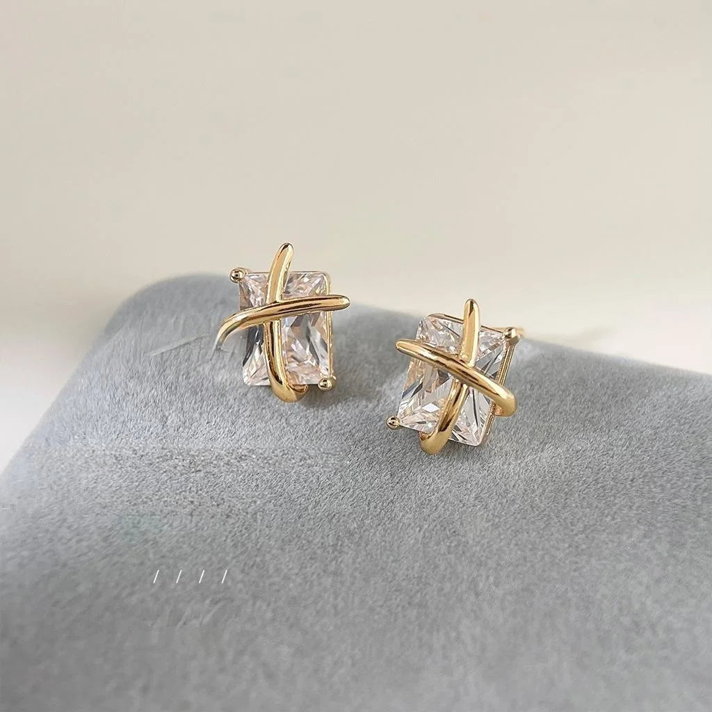 Light Luxury Copper Cubic Zirconia Stud Earrings Geometric Cross Line Square Design