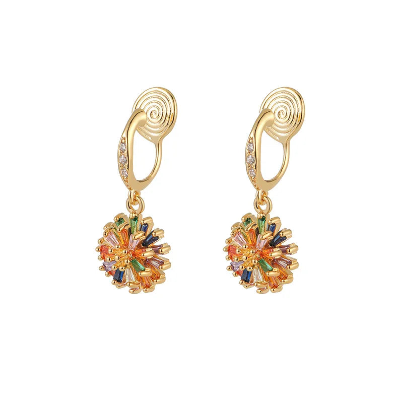 Luxury Colorful Zircon Daisy Flower Drop Stud & Clip On No Piercing Gold Alloy Spiral Hoop Earrings