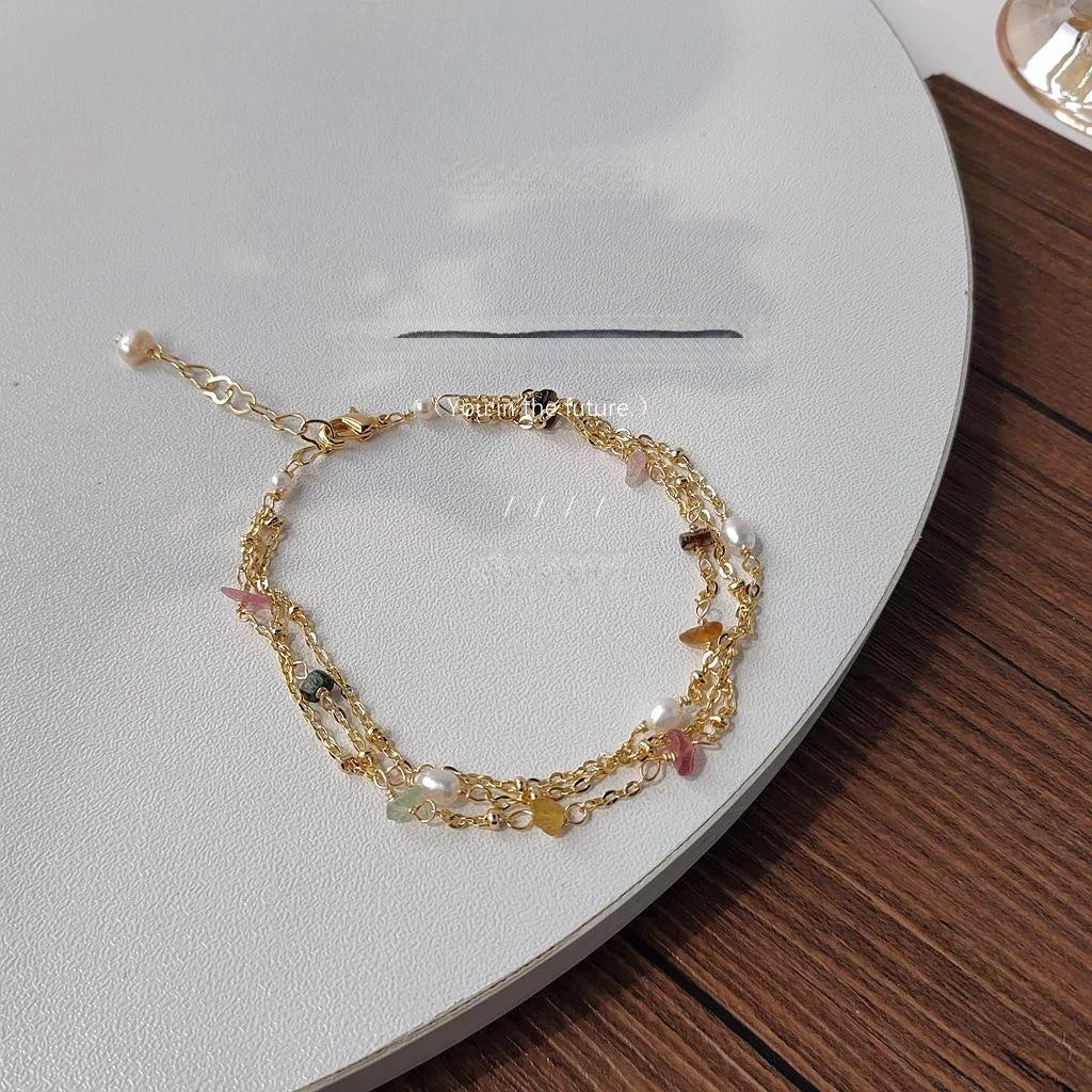 14K Gold Plated Copper Handmade Woven Freshwater Pearl Chip Geometric Bracelet For Women