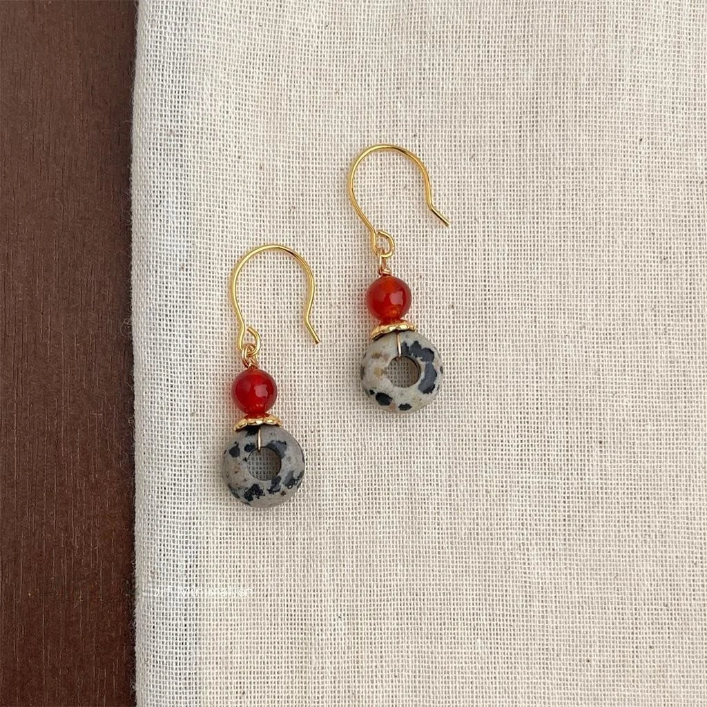 Ethnic Style Natural Red Agate Geometric Round Hoop Drop Earrings Handmade Design