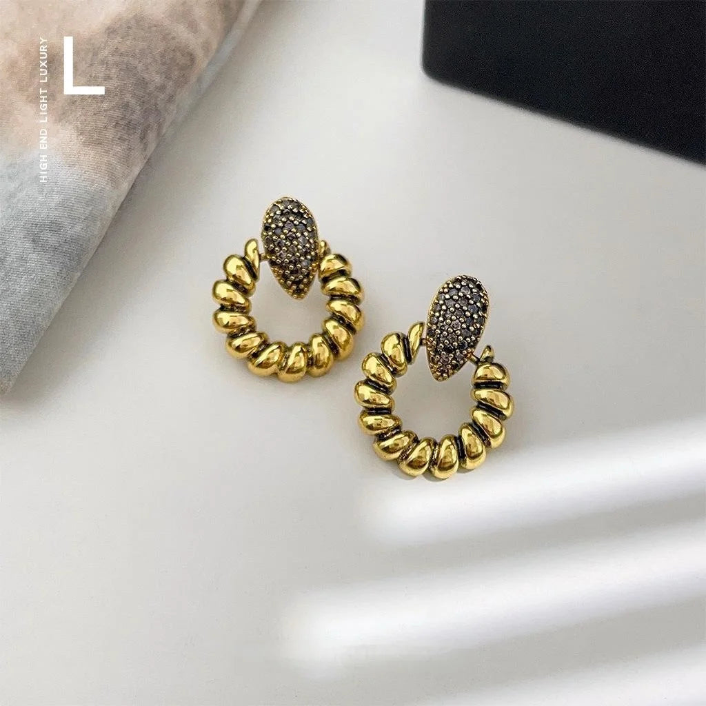 Vintage Oxidized Copper Micro Pave Zircon Oval Geometric Drop Earrings