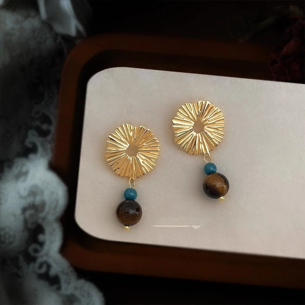 Vintage Natural Tiger Eye Stone Seed Bead Geometric Hoop Drop Earrings For Women