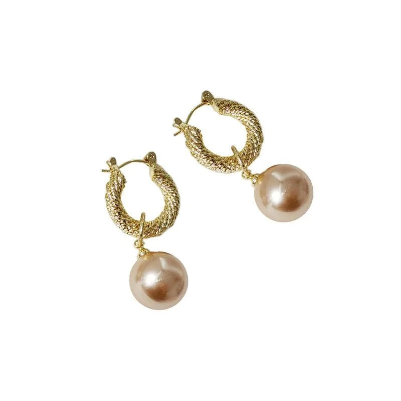 Light Luxury Champagne Gold Alloy Pearl Twist Hoop Earrings French Vintage Geometric Jewelry