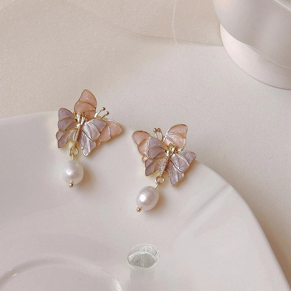 Sweet Purple Butterfly Freshwater Pearl Drop Earrings With Silver Plated Pins Alloy Jewelry